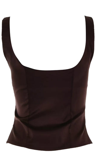 Time For Temptation Brown Satin Sleeveless Wide Strap V Neck Button Front Camisole Tank Top