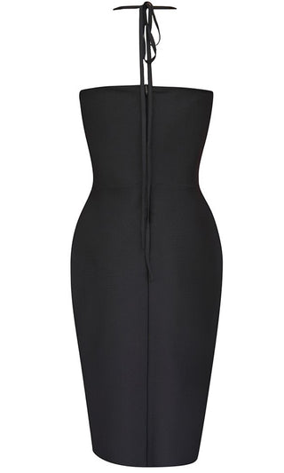 VIP Room <span><br> Black Sleeveless Spaghetti Strap Bustier Halter Dotted Lace Cut Out Bodycon Bandage Midi Dress</span>