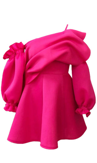 Runway Tease Fuchsia Pink Off The Shoulder Ruffle Lantern Sleeve One Shoulder Spaghetti Strap A Line Mini Dress