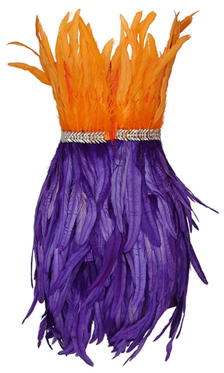 Carnival Queen <br><span>Orange Purple Feather Strapless Plunge V Neck Crystal Waistband Mini Dress</span>