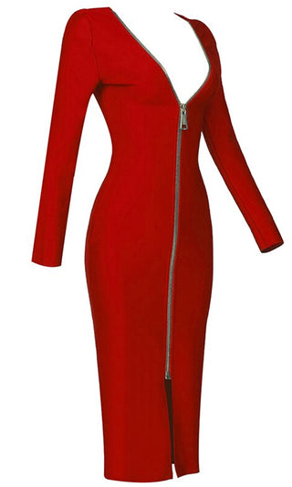 Curves Ahead Red Long Sleeve Plunge Reversable V Zipper Back Bodycon Bandage Midi Dress