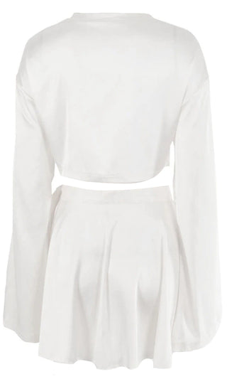 Ethereal Glow Ivory Satin Two Piece Button Down Crop Top Long Bell Sleeve V Neck Mini Tie Wrap Ruffle Skirt Dress Set