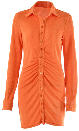 All The Vibes Orange Long Sleeve Ruched Button Up Lapel Collared Blouse Casual Mini Dress