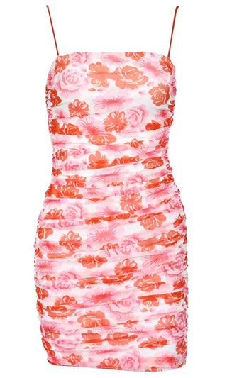 Everlasting Love Red Floral Pattern Sleeveless Spaghetti Strap Square Neck Ruched Casual Bodycon Mini Dress