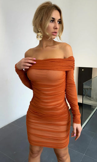 Always On The List Brown Sheer Mesh Ruched Long Sleeve Off The Shoulder Bodycon Mini Dress