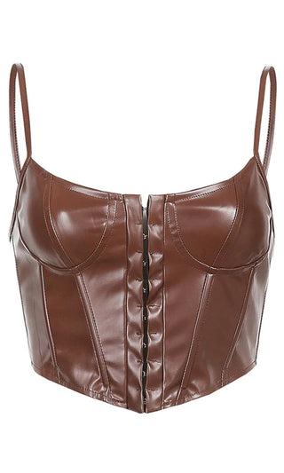 Wait Till You Hear Brown PU Faux Leather Sleeveless Spaghetti Strap Scoop Neck Hook and Eye Bustier Crop Top