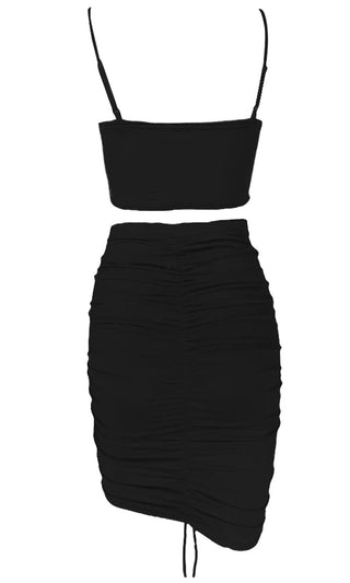 Double Or Nothing Black Sleeveless Spaghetti Strap Crop Top Ruched Bodycon Two Piece Midi Dress