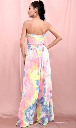 Breath Of Fresh Air Neon Multicolor Tie Dye Pattern Strapless Bow Adjustable Crop Top Loose Wide Leg Two Piece Jumpsuit