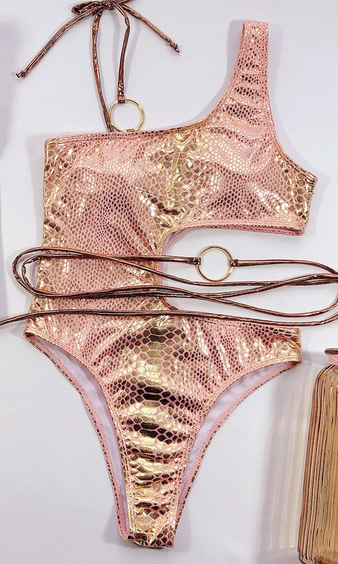 Snakeskin cut out one shoulder store bikini set