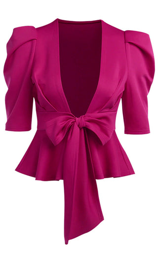 Controlling Forces Fuchsia Pink Elbow Sleeve Plunge V Neck Tie Waist Flared Blouse Top