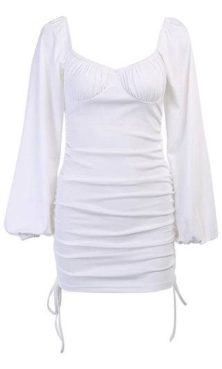 Pennies From Heaven White Long Lantern Sleeve V Neck Ruched Drawstring Casual Bodycon Sweater Mini Dress