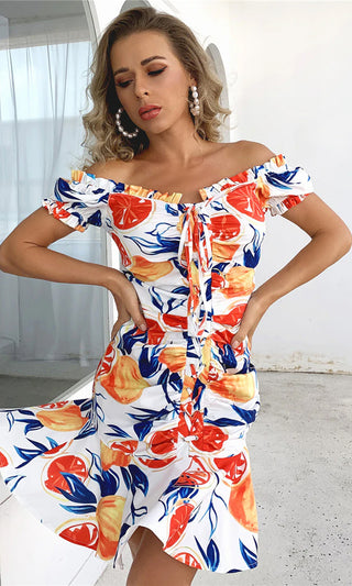 Summertime Romance White Orange Floral Pattern Cap Sleeve Off The Shoulder Ruched Ruffle Drop Waist Flare Casual Mini Dress