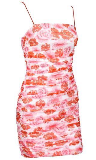 Everlasting Love Red Floral Pattern Sleeveless Spaghetti Strap Square Neck Ruched Casual Bodycon Mini Dress