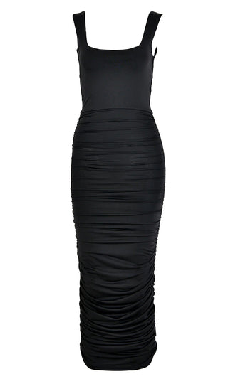 Crush On You Black Sleeveless Square Neck Scoop Back Ruched Bodycon Midi Dress