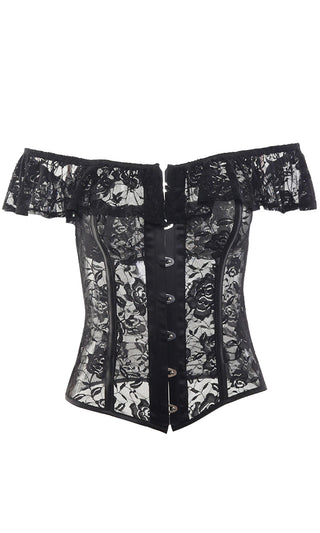 Dream Gal Black Sheer Mesh Lace Floral Pattern Ruffle Short Sleeve Off The Shoulder Corset Top