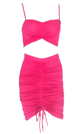 Double Or Nothing Pink Sleeveless Spaghetti Strap Crop Top Ruched Bodycon Two Piece Midi Dress