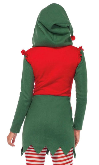 Magical Elf <br><span>Red Green Fleece Long Sleeve Hood Zip Front Jagged Hem Bodycon Mini Dress Halloween Costume</span>