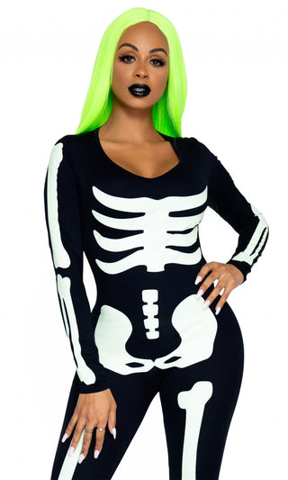 Glow Up <br><span>Black White Skeleton Glow In The Dark Long Sleeve V Neck Bodycon Skinny Catsuit Jumpsuit Halloween Costume</span>