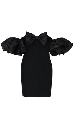 Rooftop Rendezvous <br><span>Black Short Puffed Sleeve Off The Shoulder Bow Bodycon Bandage Mini Dress</span>