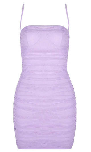 Light Bright Purple Sheer Mesh Sleeveless Spaghetti Strap Straight Neckline Ruched Bodycon Mini Dress