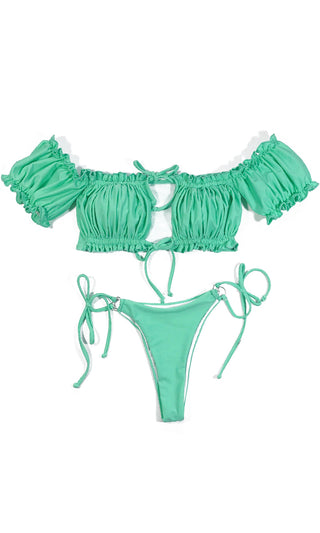 A Stroll On The Beach <br><span> Mint Short Sleeve Off The Shoulder Ruched Ruffle Cut Out Bandeau Top Brazilian Bikini Two Piece Swimsuit <span>