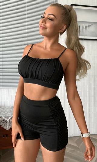 Better Not Stop Sleeveless Spaghetti Strap Ruched Bralette Crop Top Biker Short Two Piece Romper - 4 Colors Available