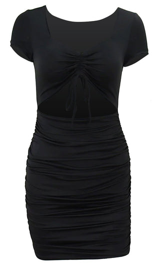 Instant Mood Black Lifter Short Sleeve V Neck Ruched Cut Out Waist Bodycon Mini Dress