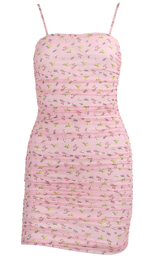 Floral Rush Pink Mesh Floral Pattern Sleeveless Spaghetti Strap Square Neck Ruched Casual Bodycon Mini Dress