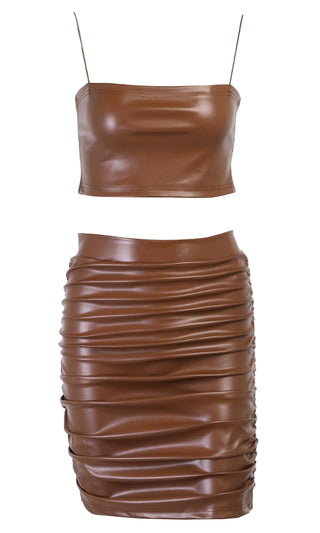 See My Truth PU Cognac Brown Faux Leather Sleeveless Spaghetti Strap Crop Top Ruched Bodycon Skirt Two Piece Mini Dress