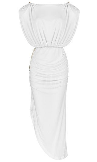 Pure Romance White Shoulder Pad Short Sleeve Boat Neck Ruched Draped Gold Chain High Low Side Slit Midi Dress