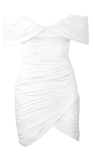 Sweet Temptations White Off the Shoulder Strapless Short Sleeve Satin Draped Ruched Body Con Tulip Hem Mini Dress