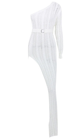Sheer Elegance White Hollow Crochet Chevron Knit Long Sleeve One Shoulder High Slit Maxi Casual Dress