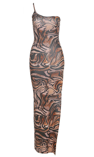 Long Lost Love Tiger Print Animal Pattern Sleeveless Spaghetti Strap One Shoulder Side Slit Bodycon Maxi Dress