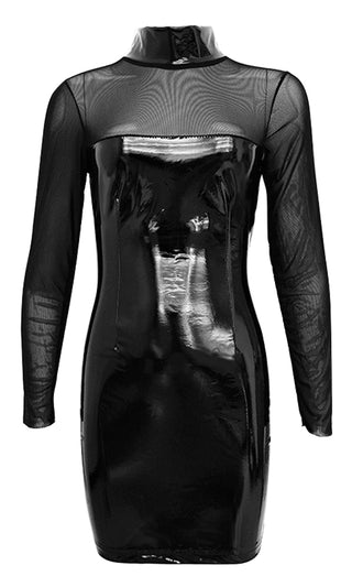 Come Back For More Black PU Faux Leather Sheer Mesh Long Sleeve Mock Neck Bodycon Mini Dress