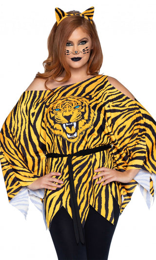 Ready To Roar <br><span>Orange Animal Stripe Tiger Pattern Long Sleeve Cut Out Cold Shoulder Poncho Three Piece Halloween Costume Set</span>