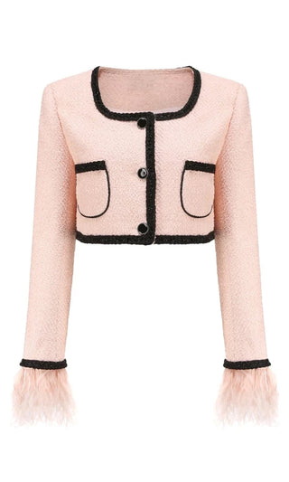 She's A Lady <br><span> Light Pink Feather Trim Long Sleeve Square Neck Crop Boxy Jacket Outerwear</span>