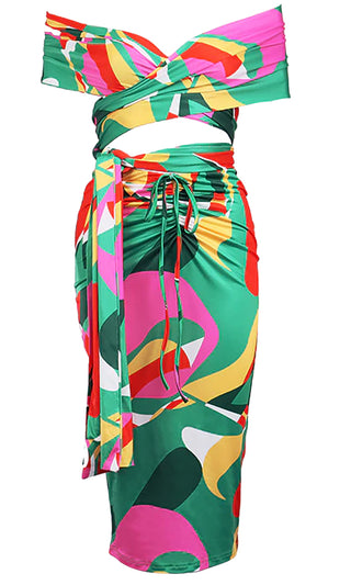 I Deserve Everything Green Geometric Pattern Multi Way Convertible Crop Top Ruched Drawstring Bodycon Midi Skirt Two Piece Dress