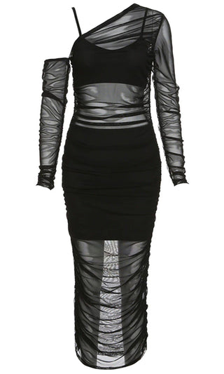 Sheer Essence <br><span> Black Sheer Mesh Long Sleeve One Shoulder Asymmetric Ruched Bodycon Midi Dress</span>
