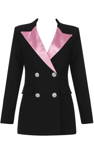 My Voice Black Pink Satin Long Sleeve Double Breasted Rhinestone Button Blazer Jacket Outerwear