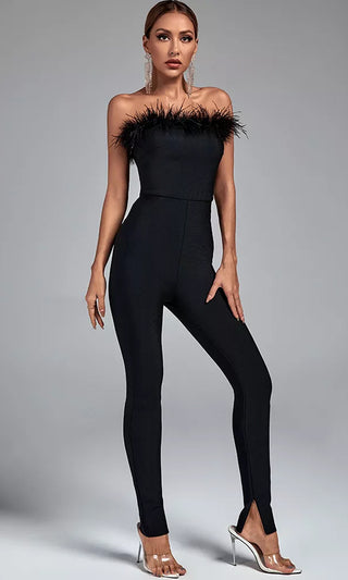 Body And Soul <br><span>Black Feather Strapless Straight Neck Bandage Bodycon Skinny Jumpsuit</span>