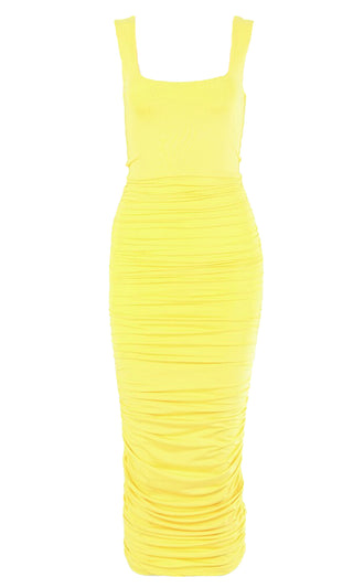 Crush On You Neon Green Sleeveless Square Neck Scoop Back Ruched Bodycon Midi Dress