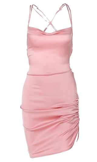 Dancing For You <br><span> Pink Satin Sleeveless Crisscross Spaghetti Strap Drape Neck Backless Ruched Bodycon Mini Dress</span>