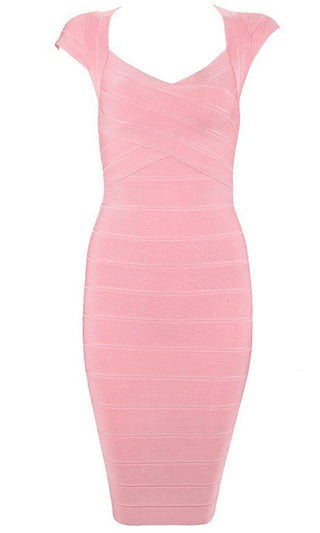 Love Struck Pink Cap Sleeve V Neck Bodycon Bandage Mini Dress - Inspired by Miranda Kerr