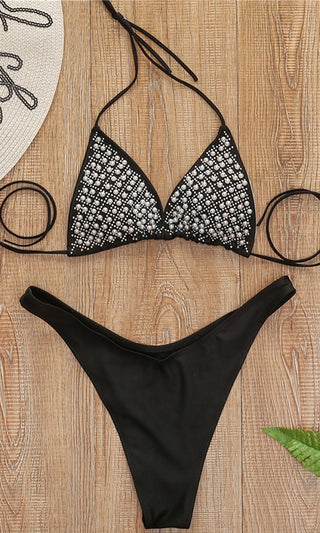 Beach Glam <br><span> Black Pearl Triangle Top Low Rise Brazilian Two Piece Bikini Swimsuit </span>