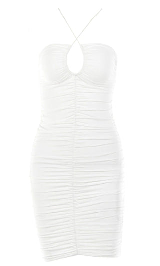 Feel The Passion White Sleeveless Spaghetti Strap Ruched Crop Cut Out Tie Back Keyhole Bodycon Mini Dress