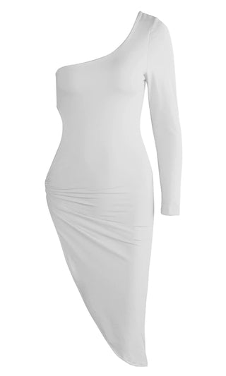New Motives White Long Sleeve One Shoulder Asymmetric Cut Out O Ring Side High Slit Bodycon Mini Dress