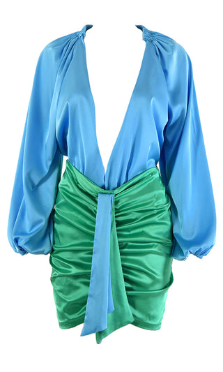 My Fantasy Blue Green Two Piece Set Long Lantern Sleeve Ruched Plunging Deep V Neck Sash Drape Bodycon Mini Dress