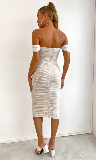 Stolen Glance White Mesh Ruched Draped Short Sleeve Off The Shoulder Bodycon Mid Dress