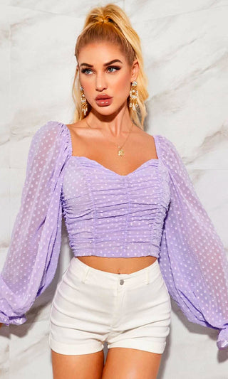 Thinking About Love Sheer Mesh Polka Dot Pattern Long Puff Sleeve V Neck Ruched Blouse Top - 6 Colors Available