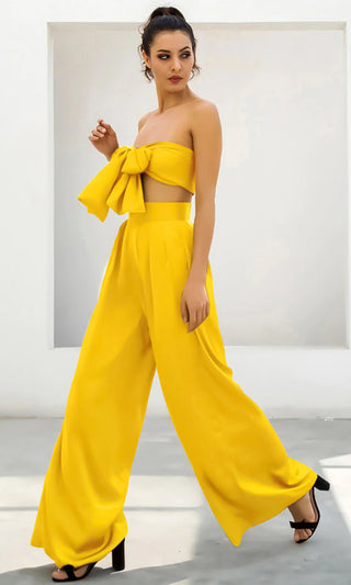 Indie XO In The Lead Yellow Silky Strapless Tie Front High Waist Palazzo Jumpsuit Pants